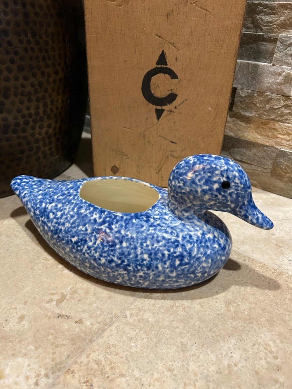 GUSTIN CO Vintage Blue Speckled Sponge Painted Ceramic Duck Planter